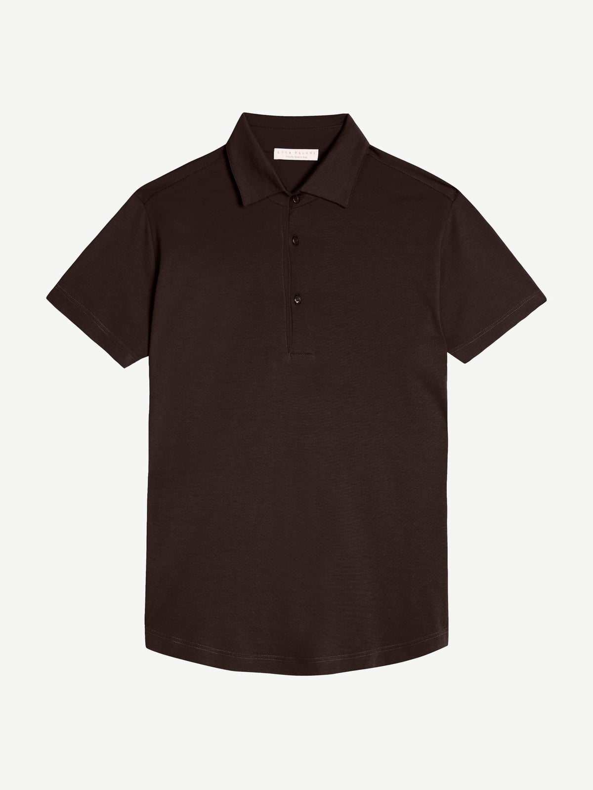 Front view of the Luca Faloni Short-sleeved Silk Cotton Polo in dark brown, laid flat on a plain background.