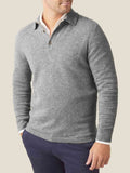 Front view of a man wearing the Dolomiti Grey Cashmere Polo Sweater layered over a white shirt.