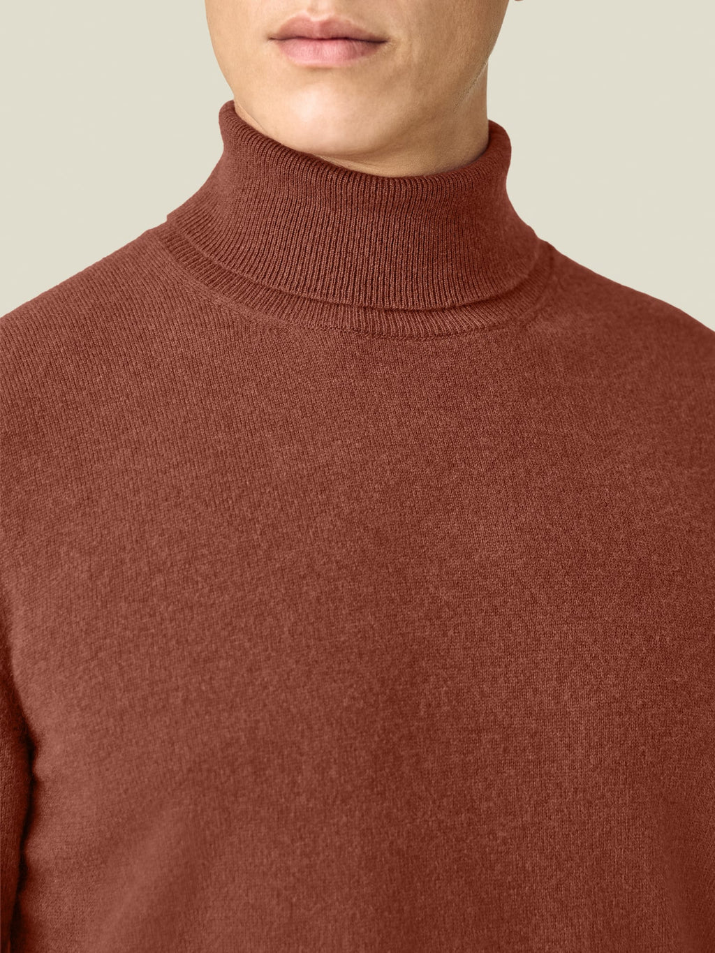 Close-up of the Luca Faloni Cashmere Roll Neck in rust, detailing the ribbed knit collar.