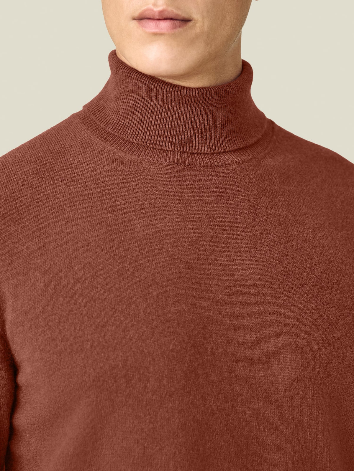 Close-up of the Luca Faloni Cashmere Roll Neck in rust, detailing the ribbed knit collar.