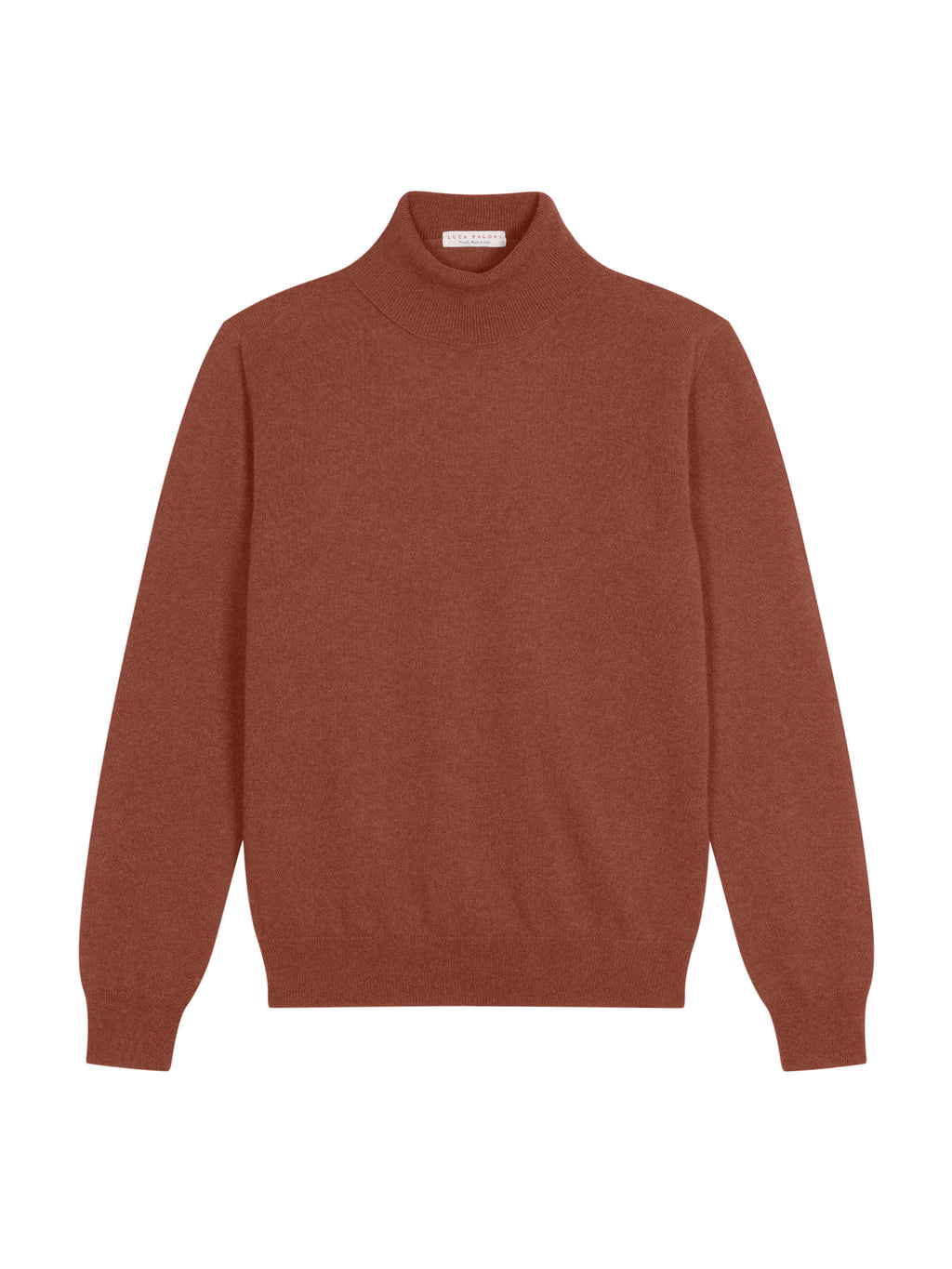 Front view of the Luca Faloni Cashmere Roll Neck in rust, laid flat on a white background.