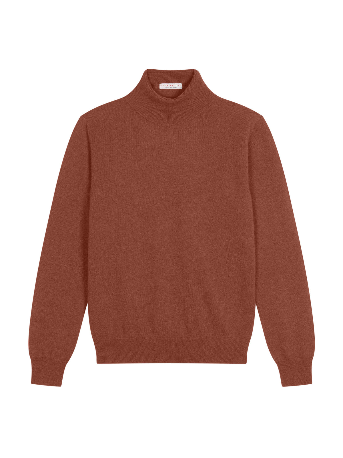 Front view of the Luca Faloni Cashmere Roll Neck in rust, laid flat on a white background.