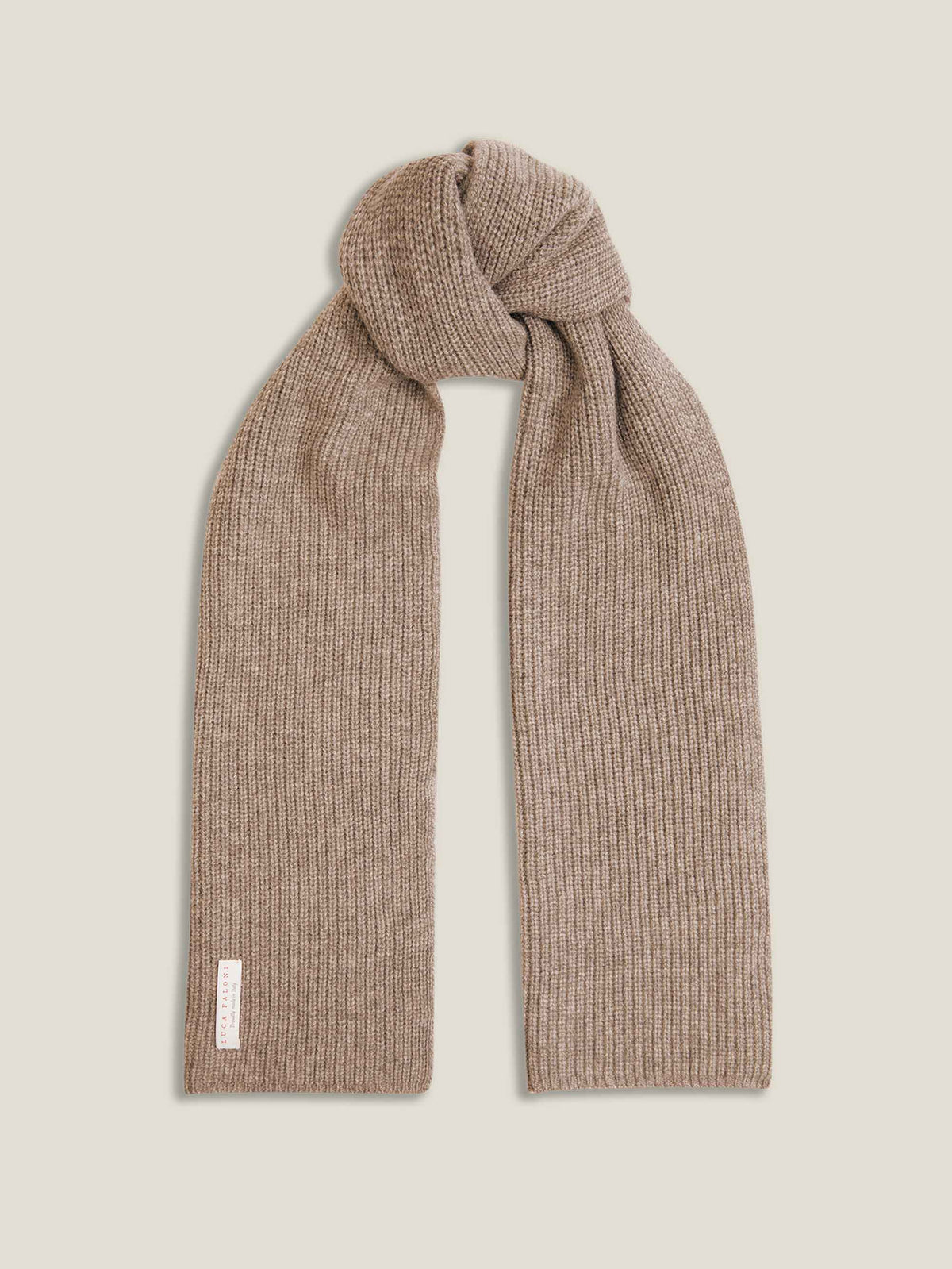 Product shot of the Luca Faloni Chunky Knit Scarf in Camel Beige, displayed tied in a knot against a plain background.