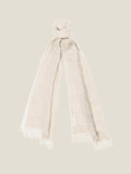 A sand-coloured linen scarf from Luca Faloni, tied in a knot, showing its lightweight fabric and fringed ends.