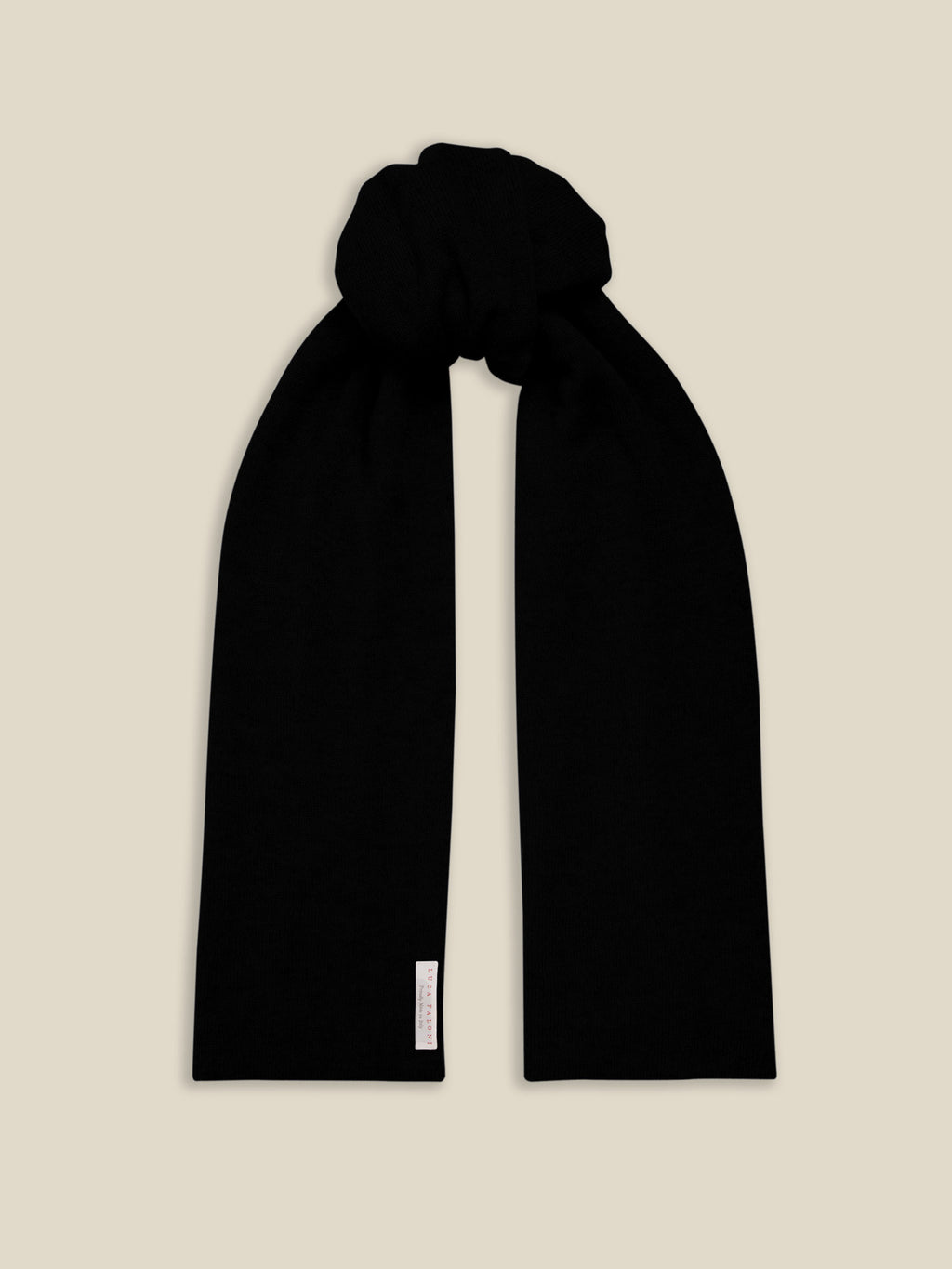 Front view of the Luca Faloni Black Cashmere Scarf, tied in a knot.