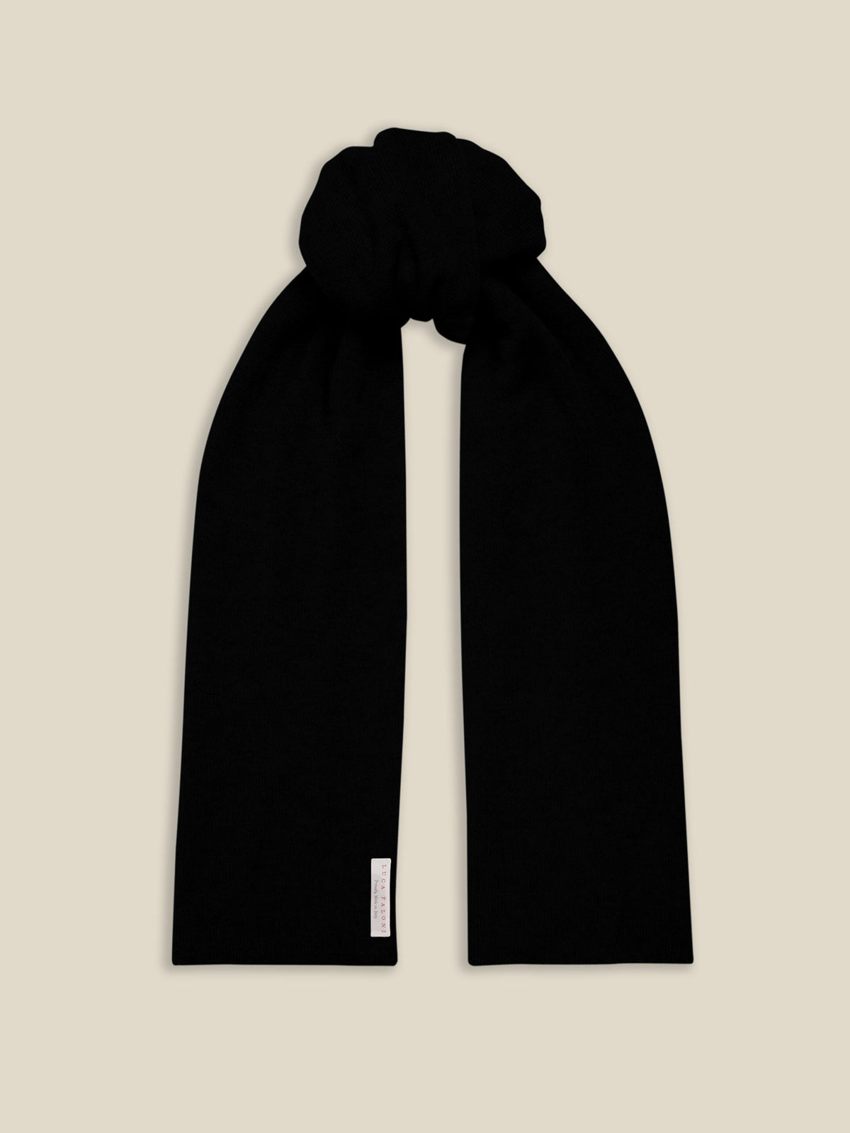 Front view of the Luca Faloni Black Cashmere Scarf, tied in a knot.