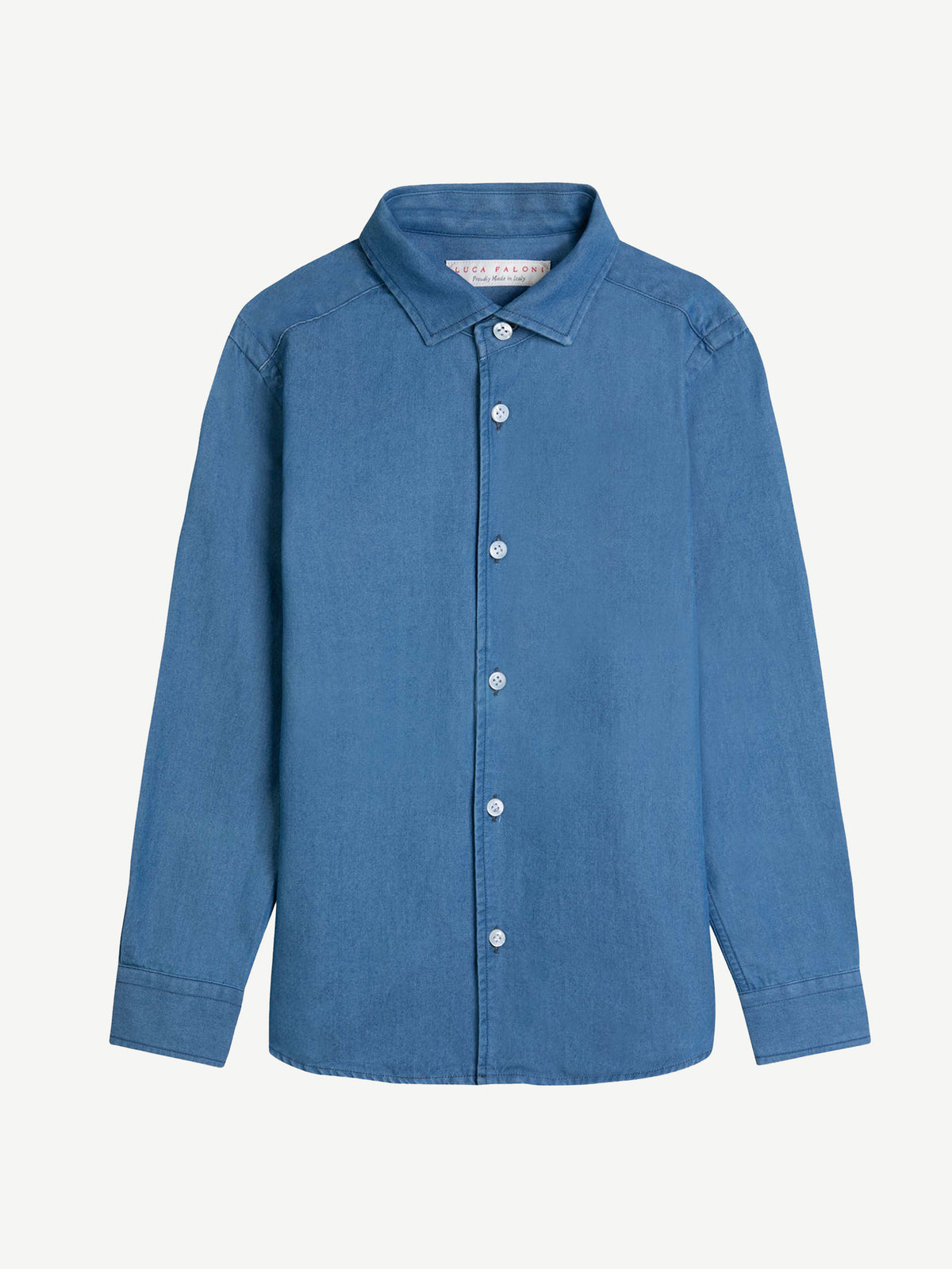 A flat lay of the blue Denim Junior Linen Shirt, showing the classic collar, button front, and long sleeves.