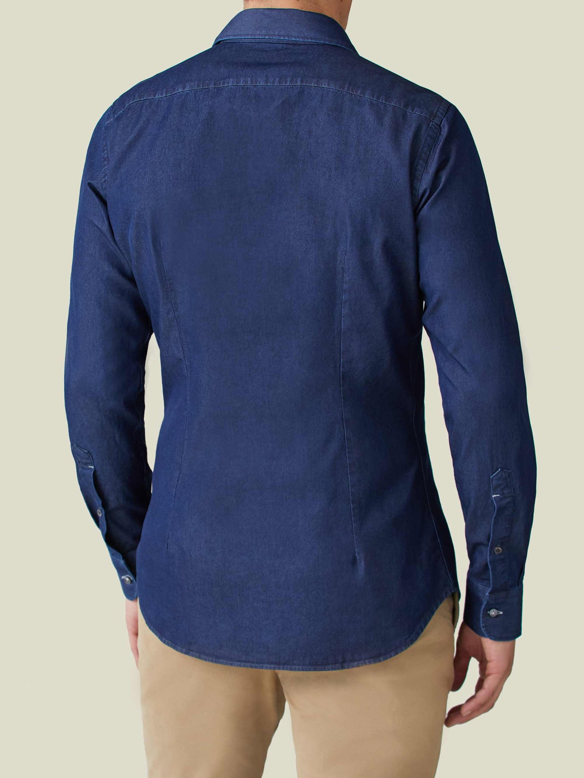 Back view of the Luca Faloni Denim Shirt in Midnight Blue, showing the tailored fit and silhouette.