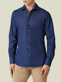 Front view of a model wearing the Luca Faloni Denim Shirt in Midnight Blue.
