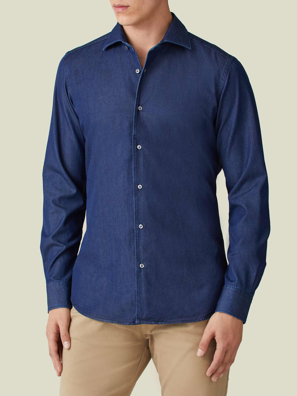 Front view of a model wearing the Luca Faloni Denim Shirt in Midnight Blue.
