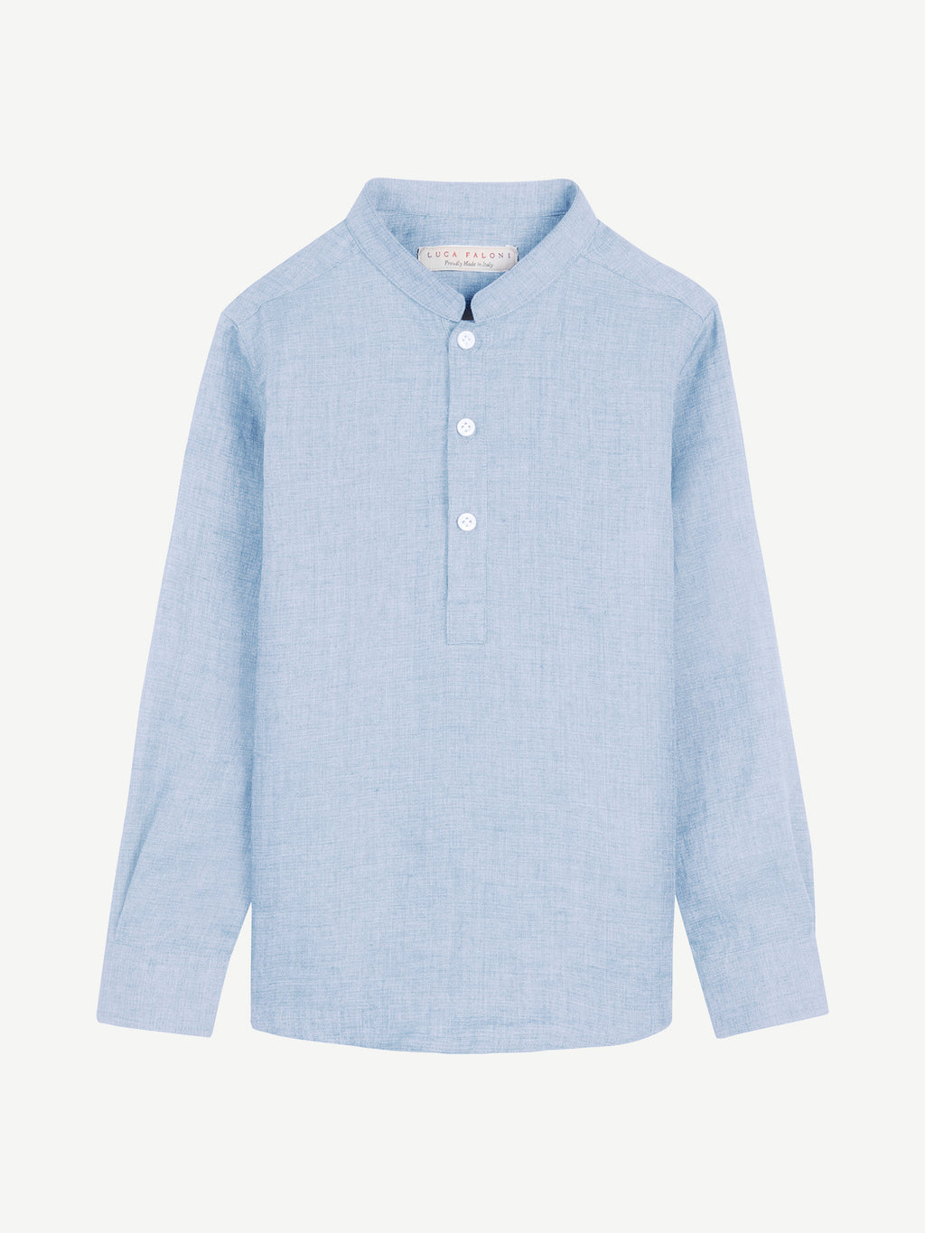 Front view of the light blue Forte Junior Linen Shirt, featuring a band collar and three-button placket.