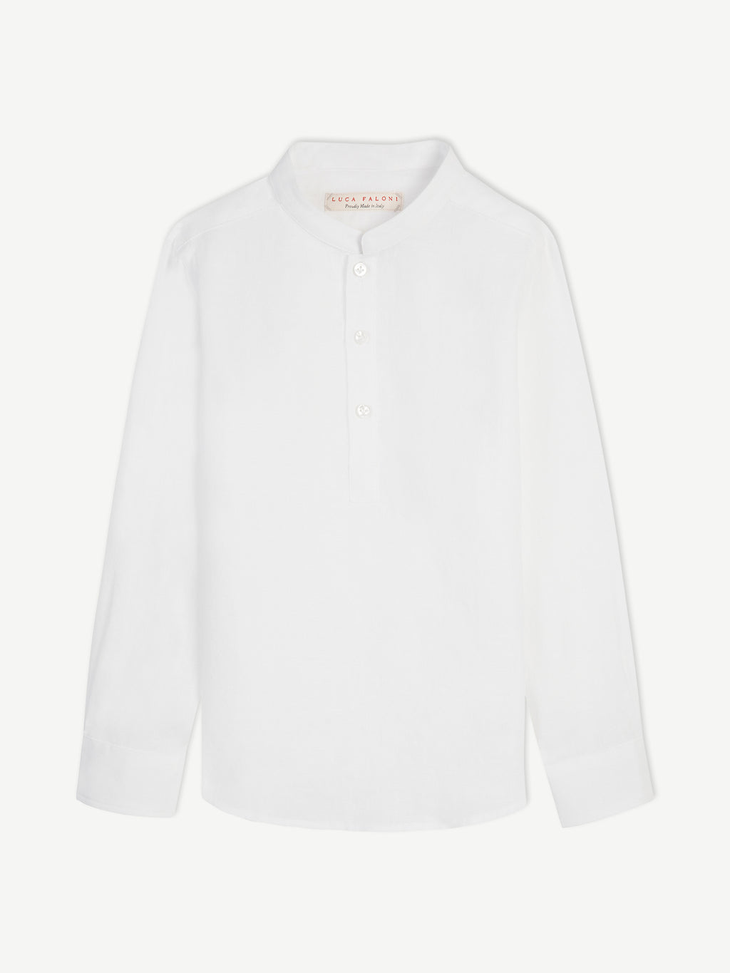 Studio shot of the Forte Junior Linen Shirt in white, laid flat to display its band collar and long sleeves.