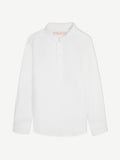 Studio shot of the Forte Junior Linen Shirt in white, laid flat to display its band collar and long sleeves.