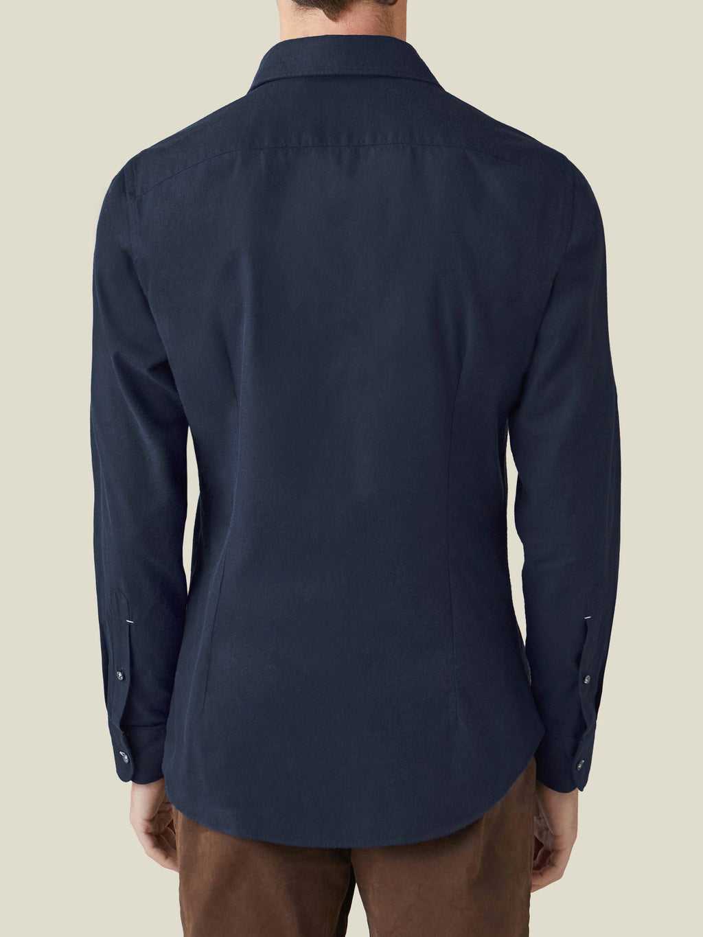 Back view of a model wearing the Luca Faloni Brushed Cotton Shirt in midnight blue.