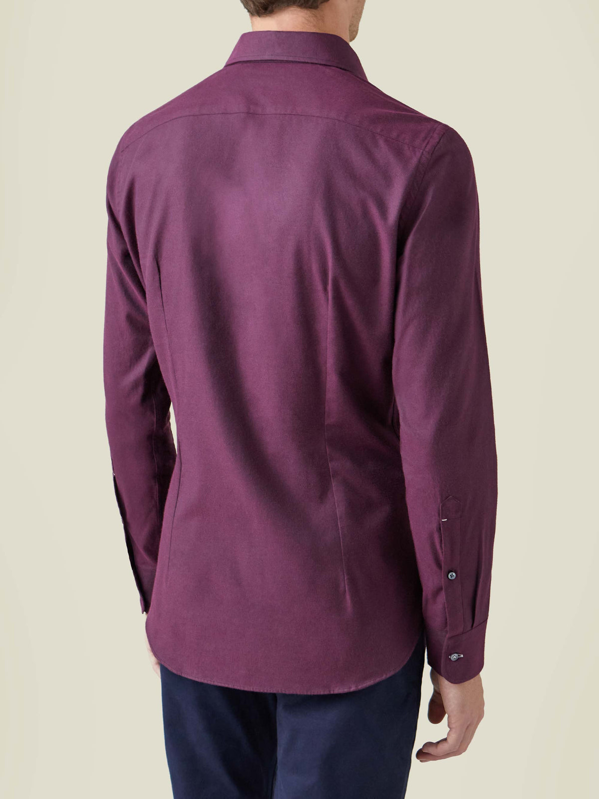 Back view of a man wearing the Luca Faloni Brushed Cotton Shirt in burgundy.