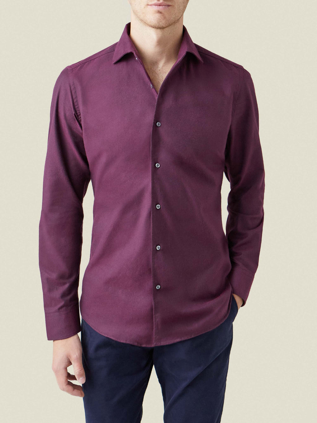 Luca Faloni Brushed Cotton Shirt in Burgundy, front view on model.