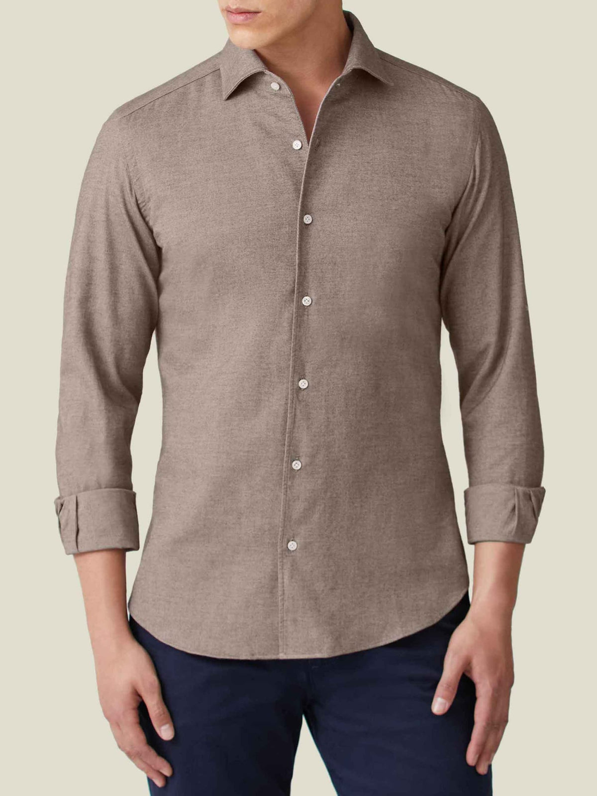 Front view of a man wearing the Luca Faloni Brushed Cotton Shirt in Nocciola Brown with the sleeves rolled up.