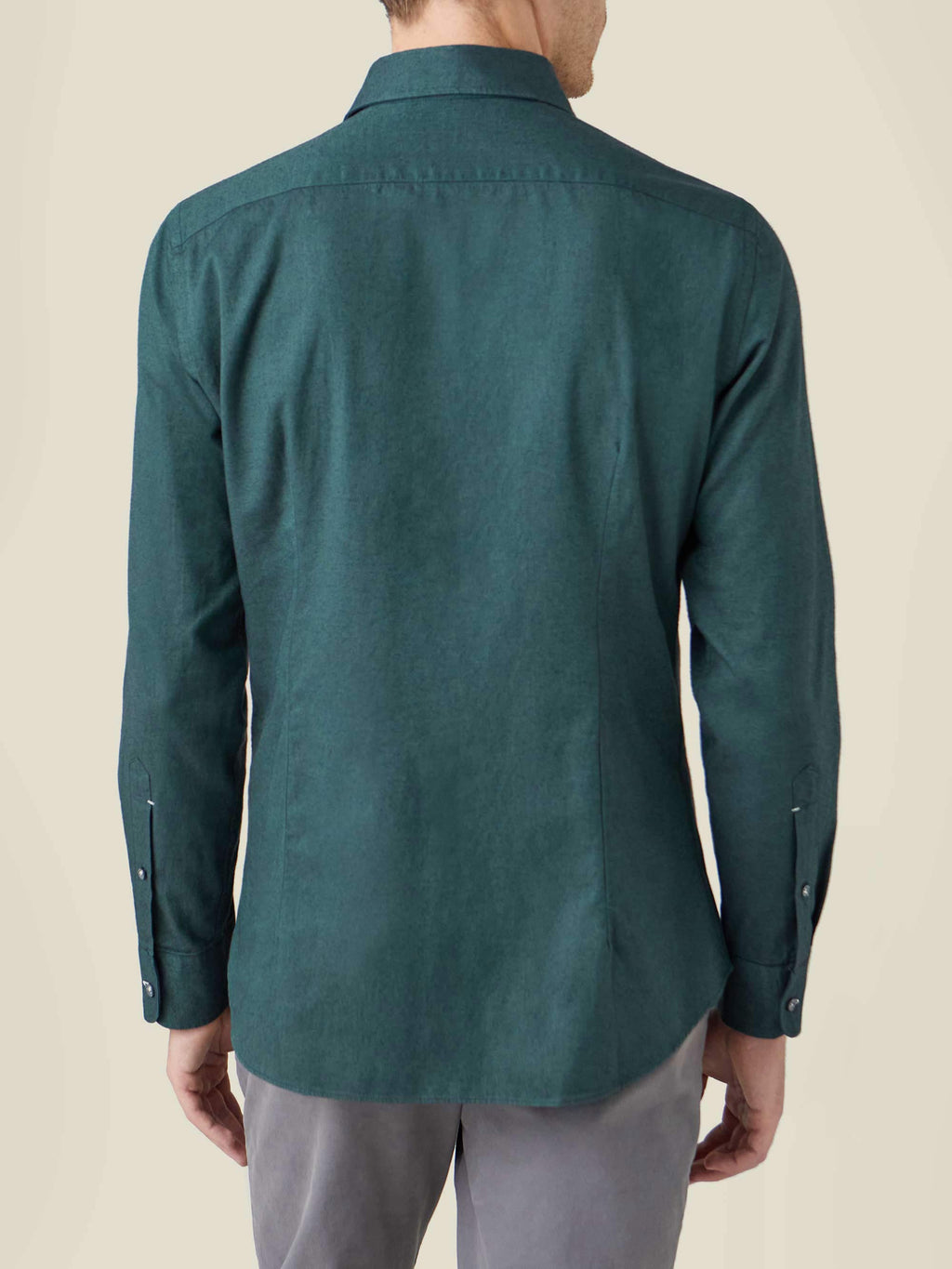 Forest Green Brushed Cotton Shirt shown from the back on a model.