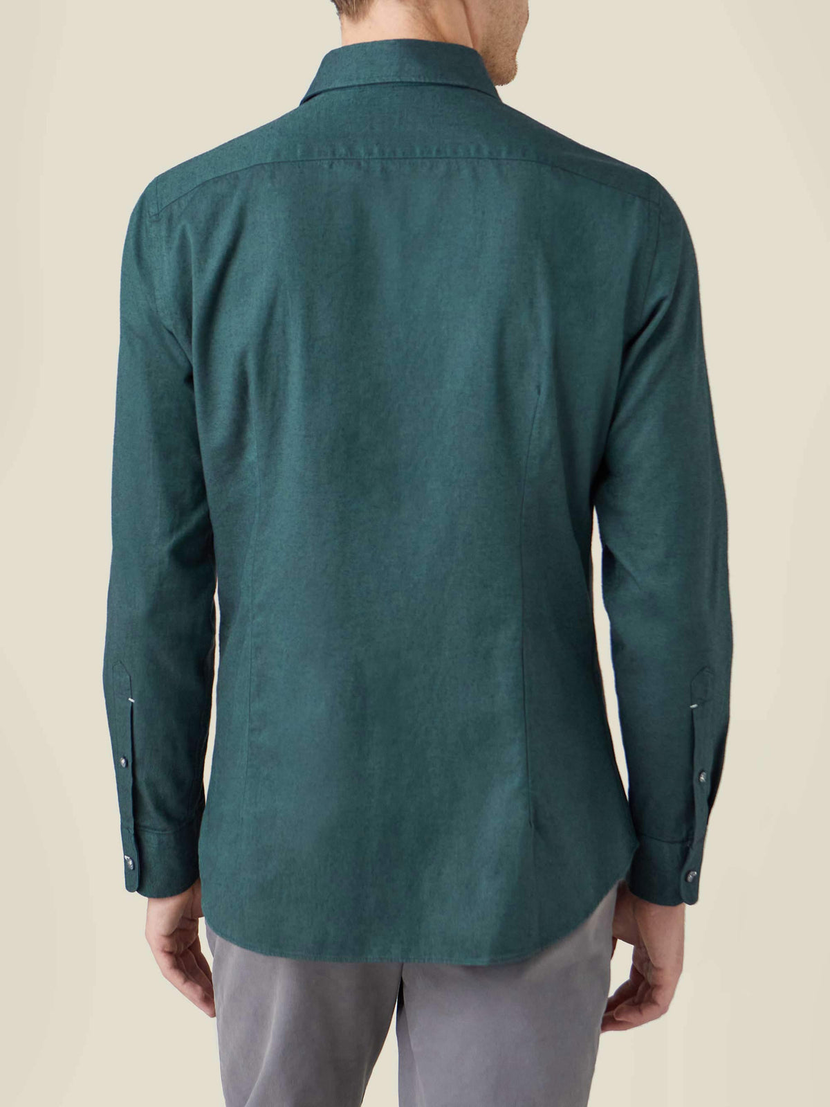 Forest Green Brushed Cotton Shirt shown from the back on a model.