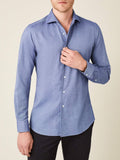 Front view of a man wearing the Luca Faloni Indigo Brushed Cotton Shirt, styled with dark trousers.