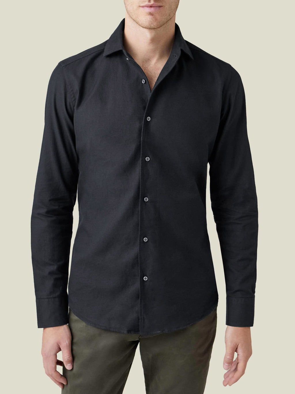 Front view of a model wearing the Luca Faloni Brushed Cotton Shirt in black.