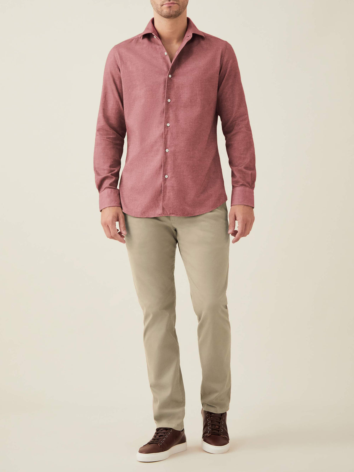 Model shown from the front wearing the Red Brushed Cotton Shirt with light brown chinos and dark brown leather sneakers.