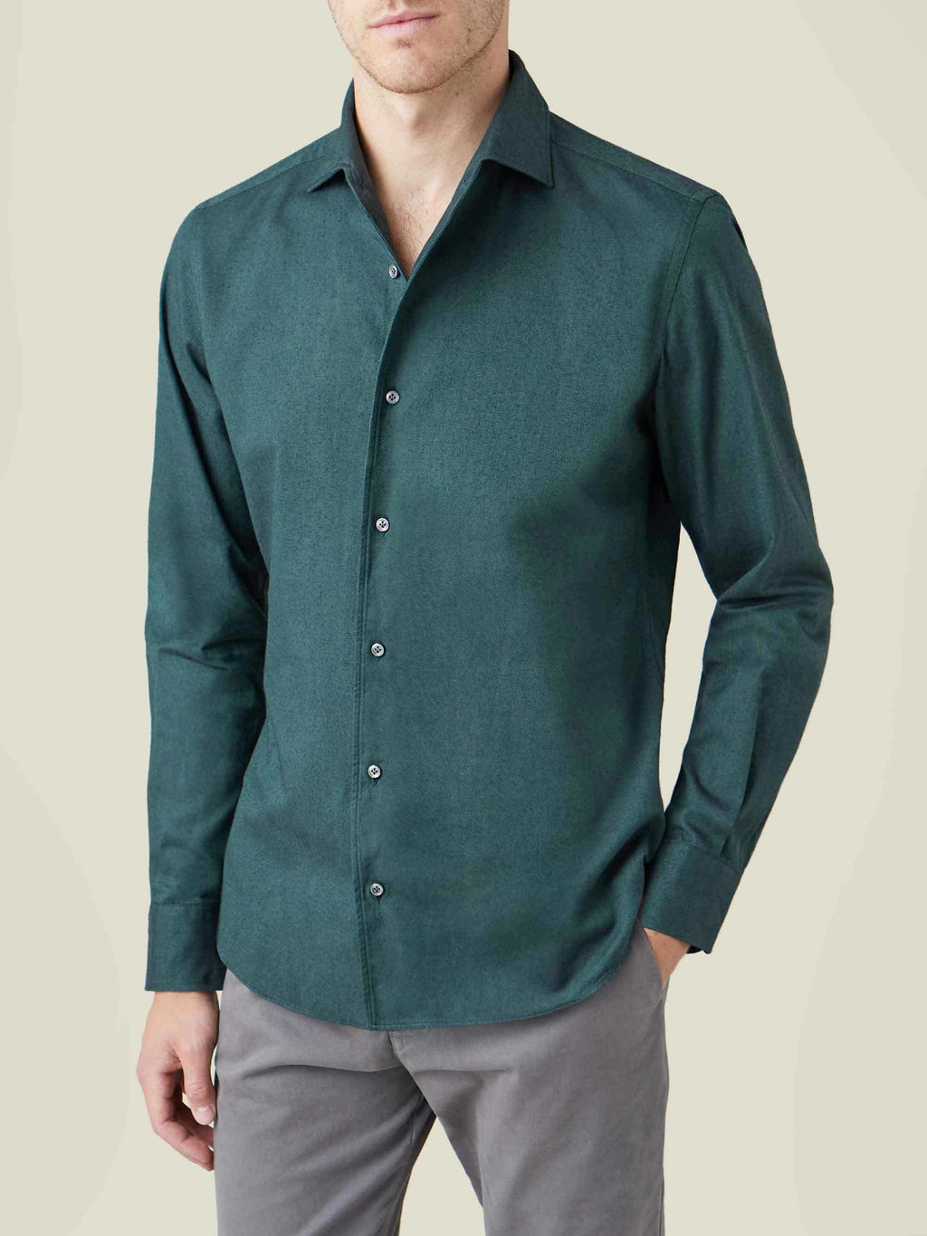 Front view of a man wearing the Luca Faloni Brushed Cotton Shirt in Forest Green.