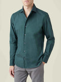 Front view of a man wearing the Luca Faloni Brushed Cotton Shirt in Forest Green.