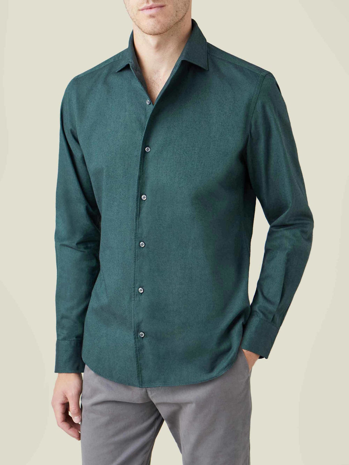 Front view of a man wearing the Luca Faloni Brushed Cotton Shirt in Forest Green.