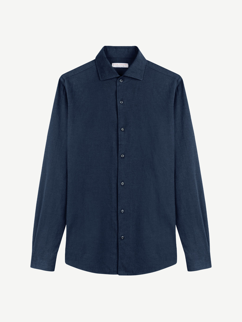 Front view of the Luca Faloni Brushed Cotton Shirt in navy blue, laid flat on a plain background.