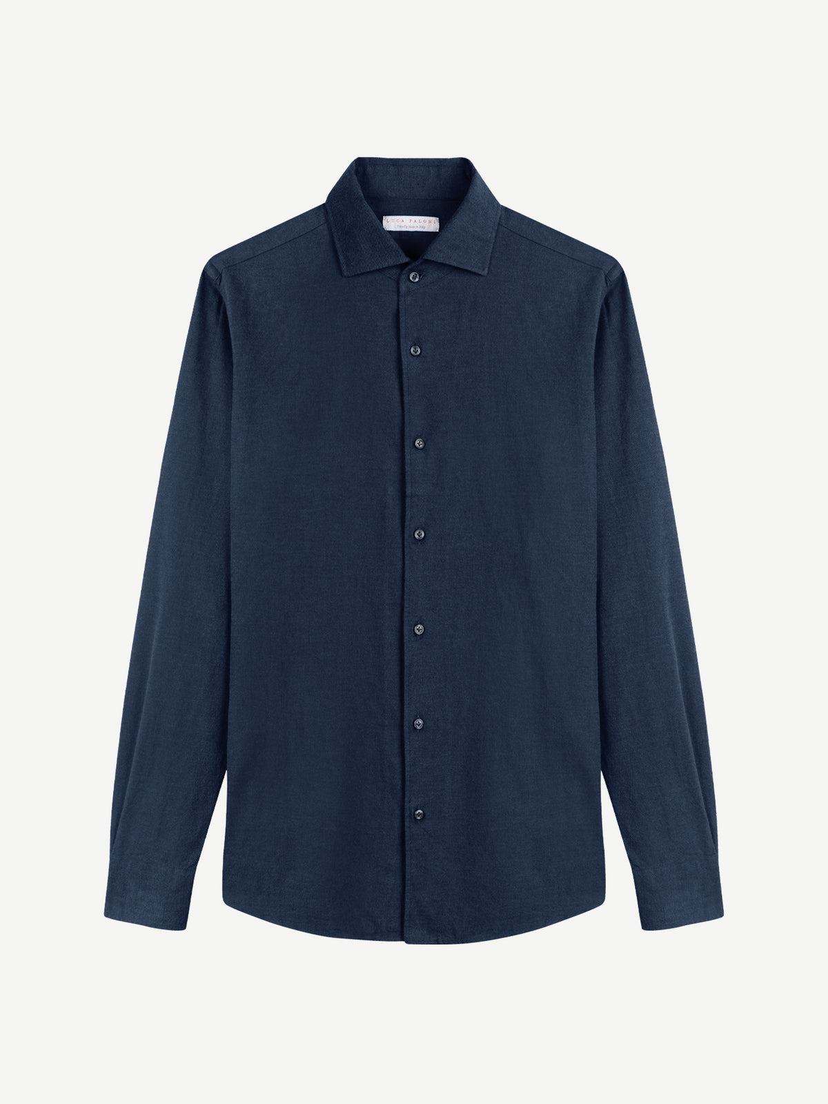 Front view of the Luca Faloni Brushed Cotton Shirt in navy blue, laid flat on a plain background.
