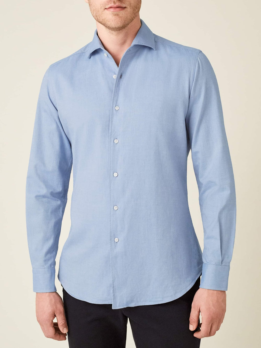 Front view of a model wearing the Luca Faloni light blue brushed cotton shirt.