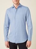 Front view of a model wearing the Luca Faloni light blue brushed cotton shirt.