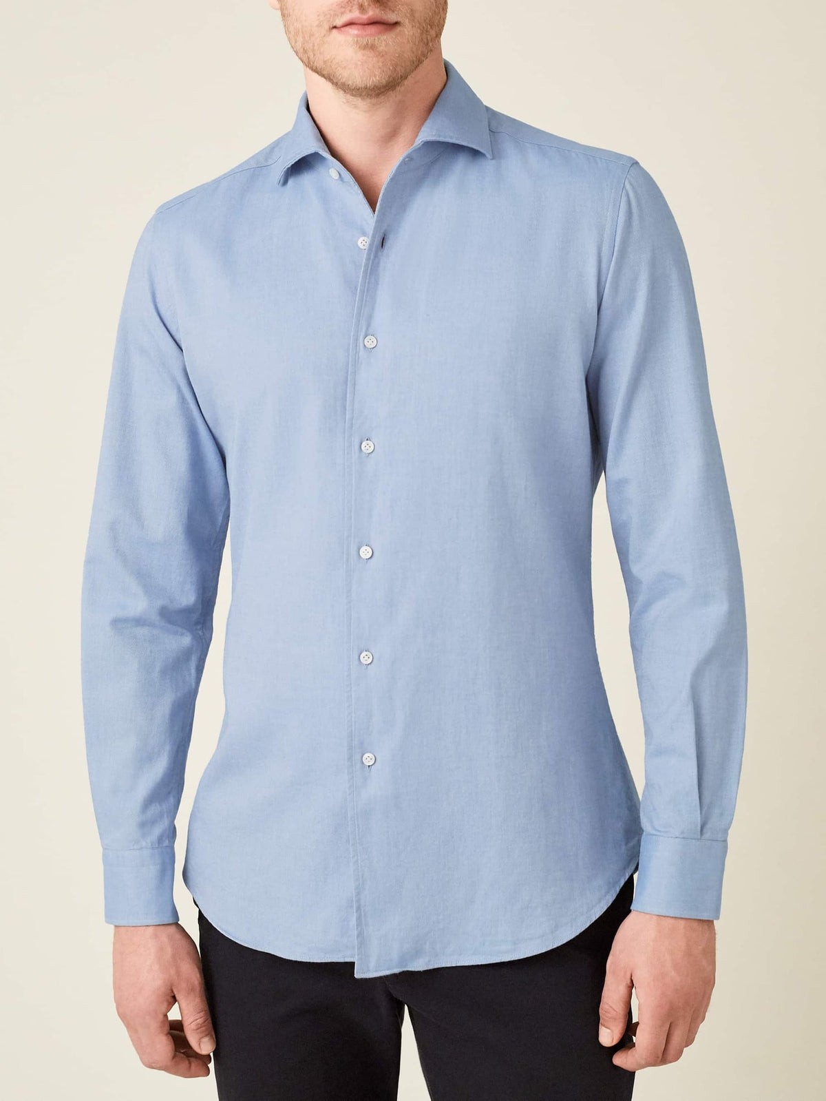 Front view of a model wearing the Luca Faloni light blue brushed cotton shirt.