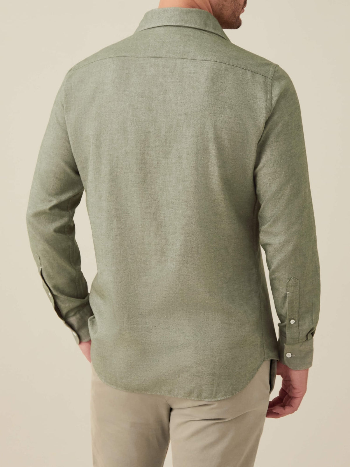 Back view of a man wearing the Luca Faloni Moss Green Brushed Cotton Shirt.