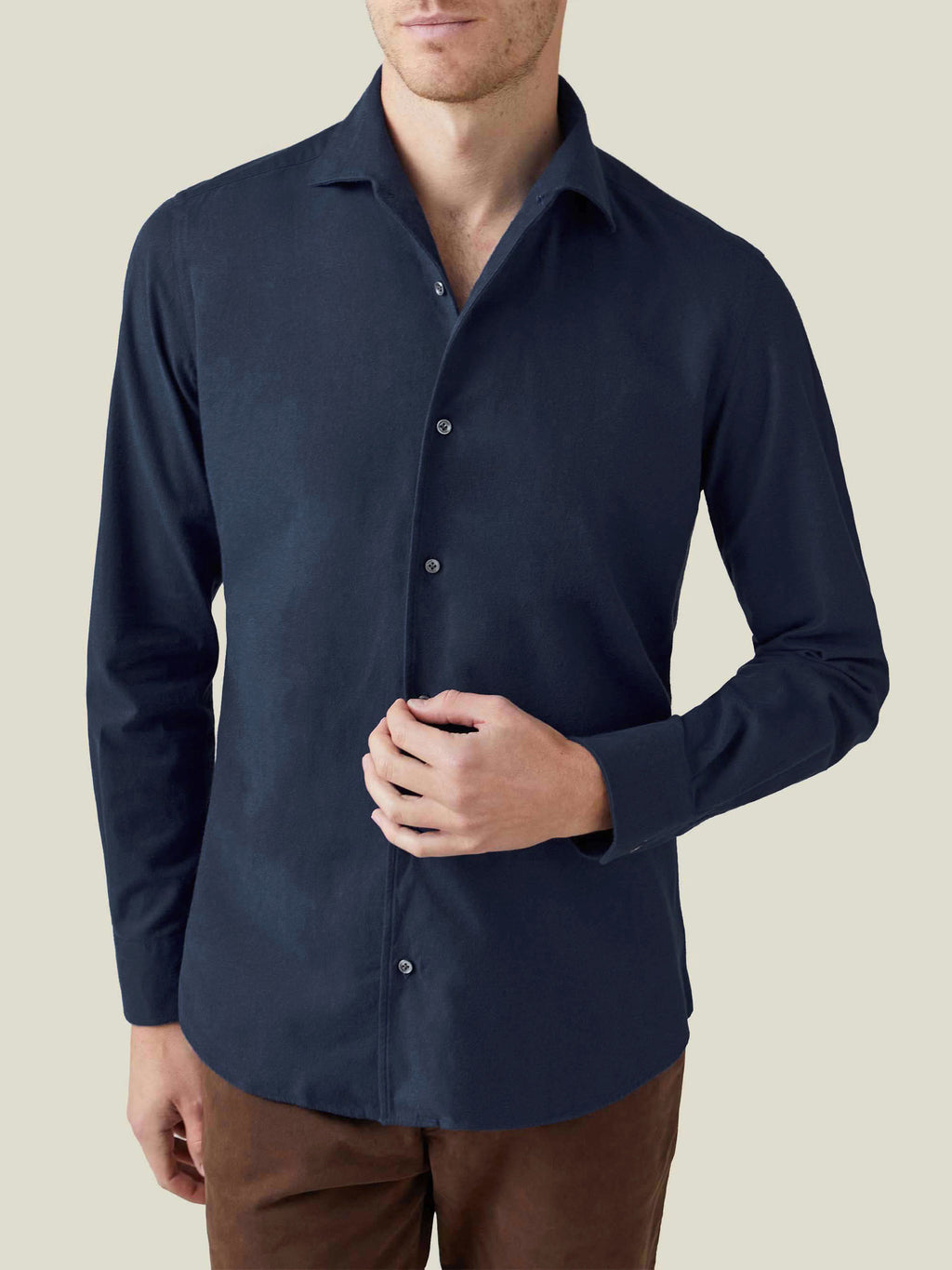 Close-up of a model wearing the Luca Faloni Brushed Cotton Shirt in Midnight Blue.