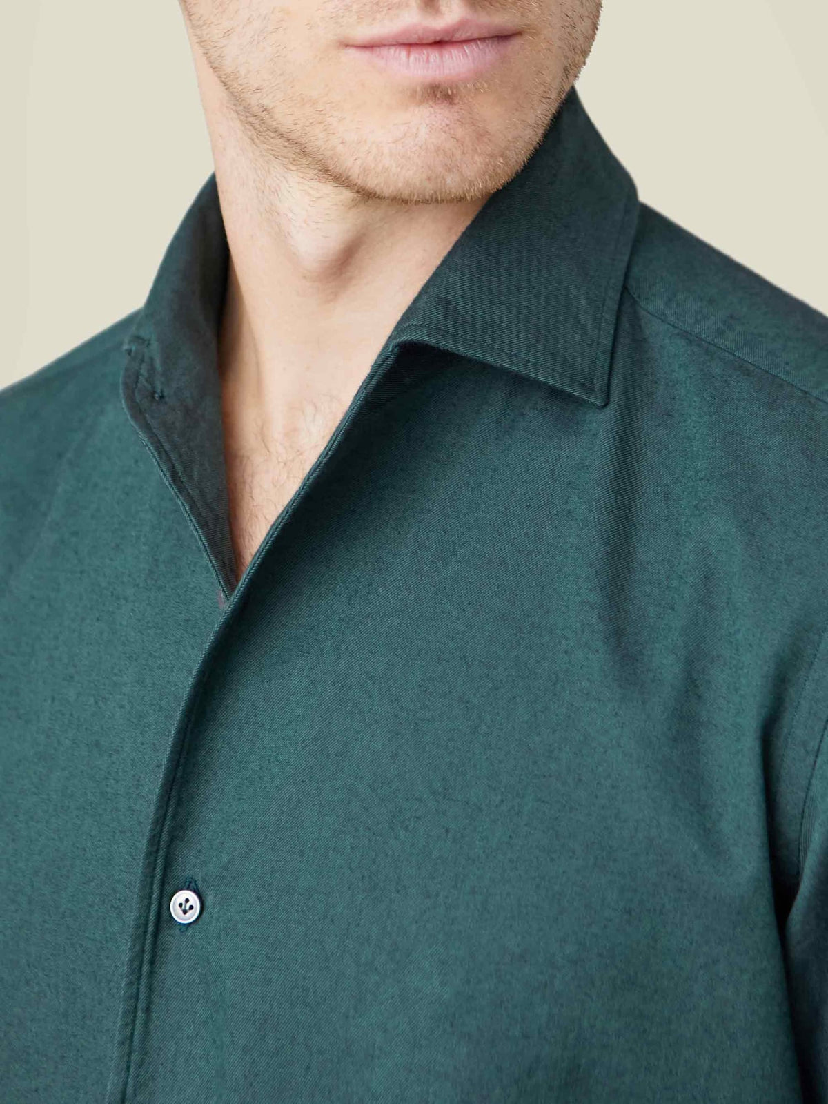 Detailed view of the Forest Green Brushed Cotton Shirt, highlighting the soft texture and signature one-piece collar.
