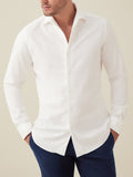 Front view of a model wearing the Luca Faloni White Brushed Cotton Shirt paired with navy trousers.