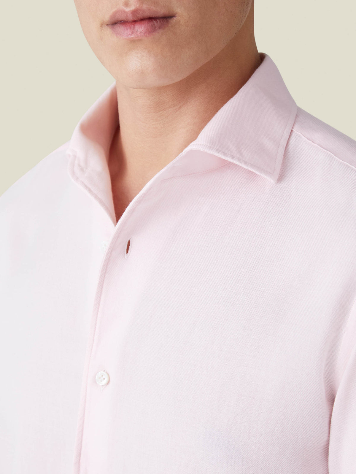 Close-up detail of the Light Pink Cashmere-Cotton Shirt, showing its signature one-piece collar and soft mélange fabric.