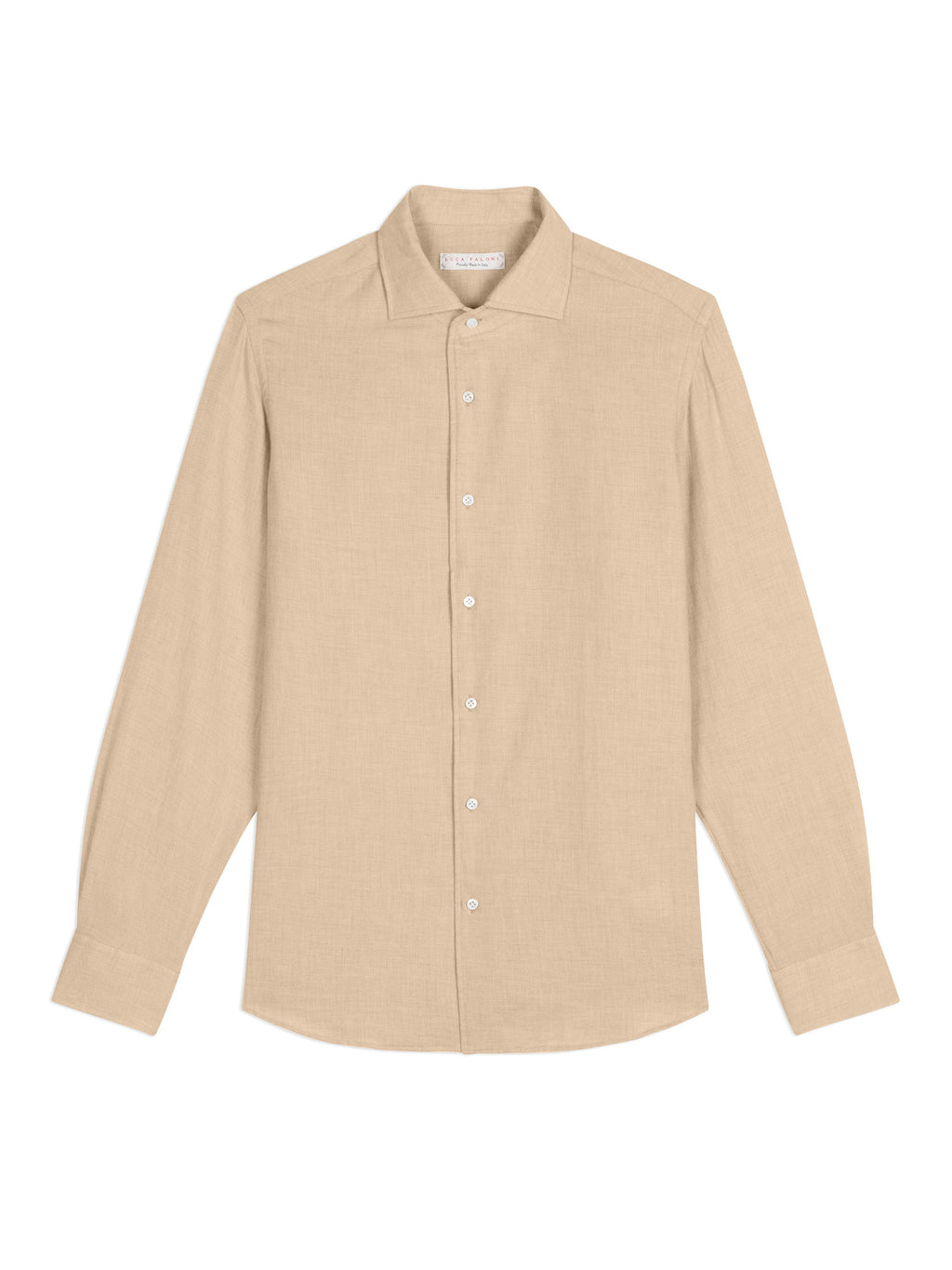 Front view of the Luca Faloni Cashmere-Cotton Shirt in sand, laid flat on a white background.