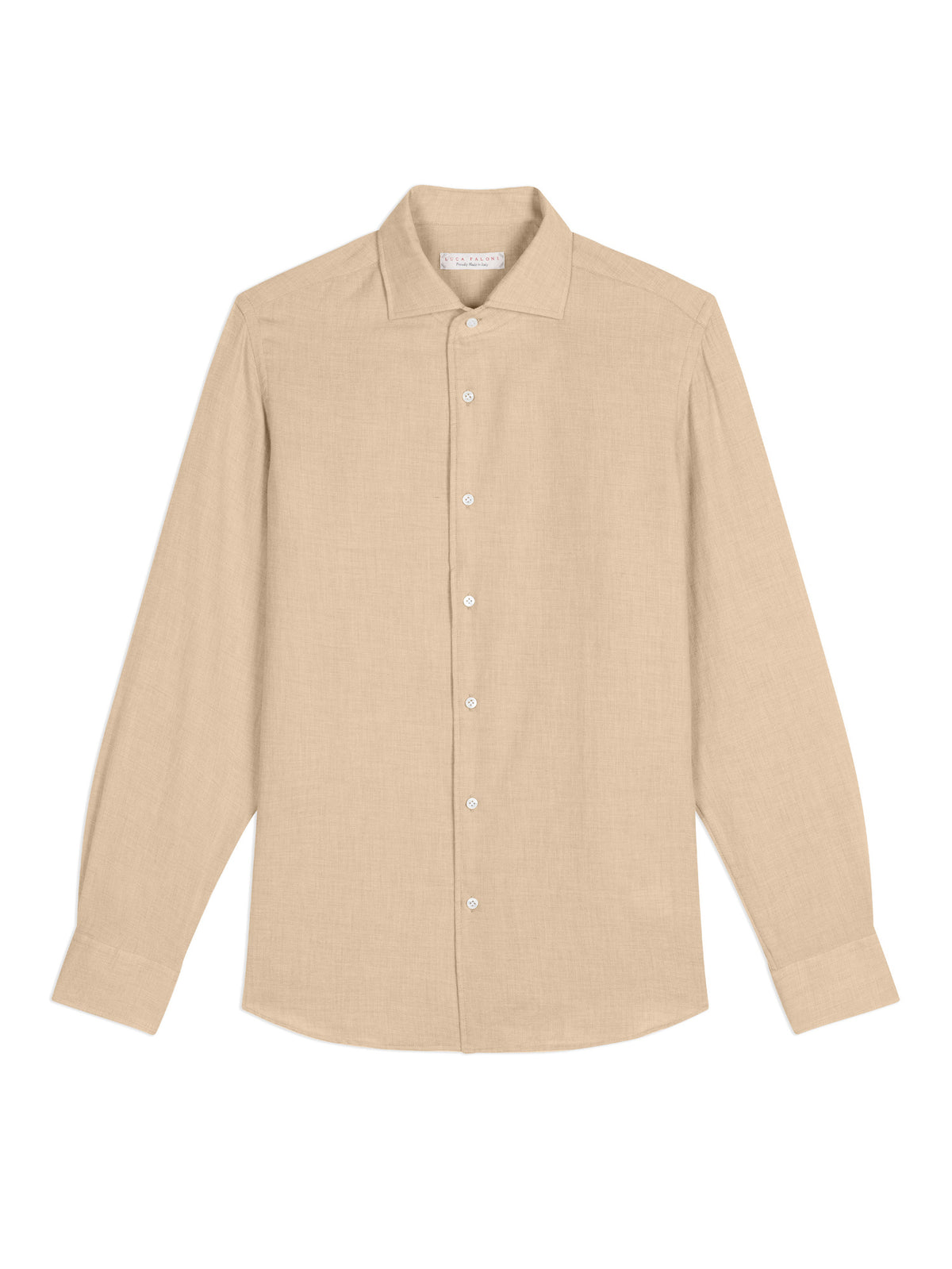 Front view of the Luca Faloni Cashmere-Cotton Shirt in sand, laid flat on a white background.