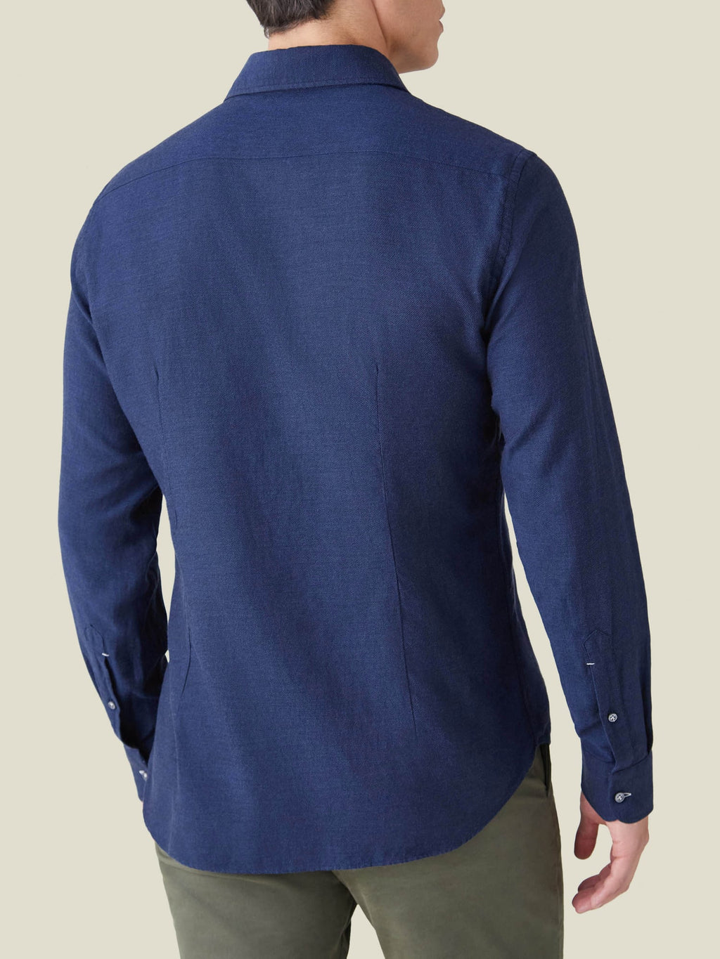 Back view of a model wearing the Navy Blue Cashmere-Cotton Shirt, highlighting the slim fit and rounded hem.