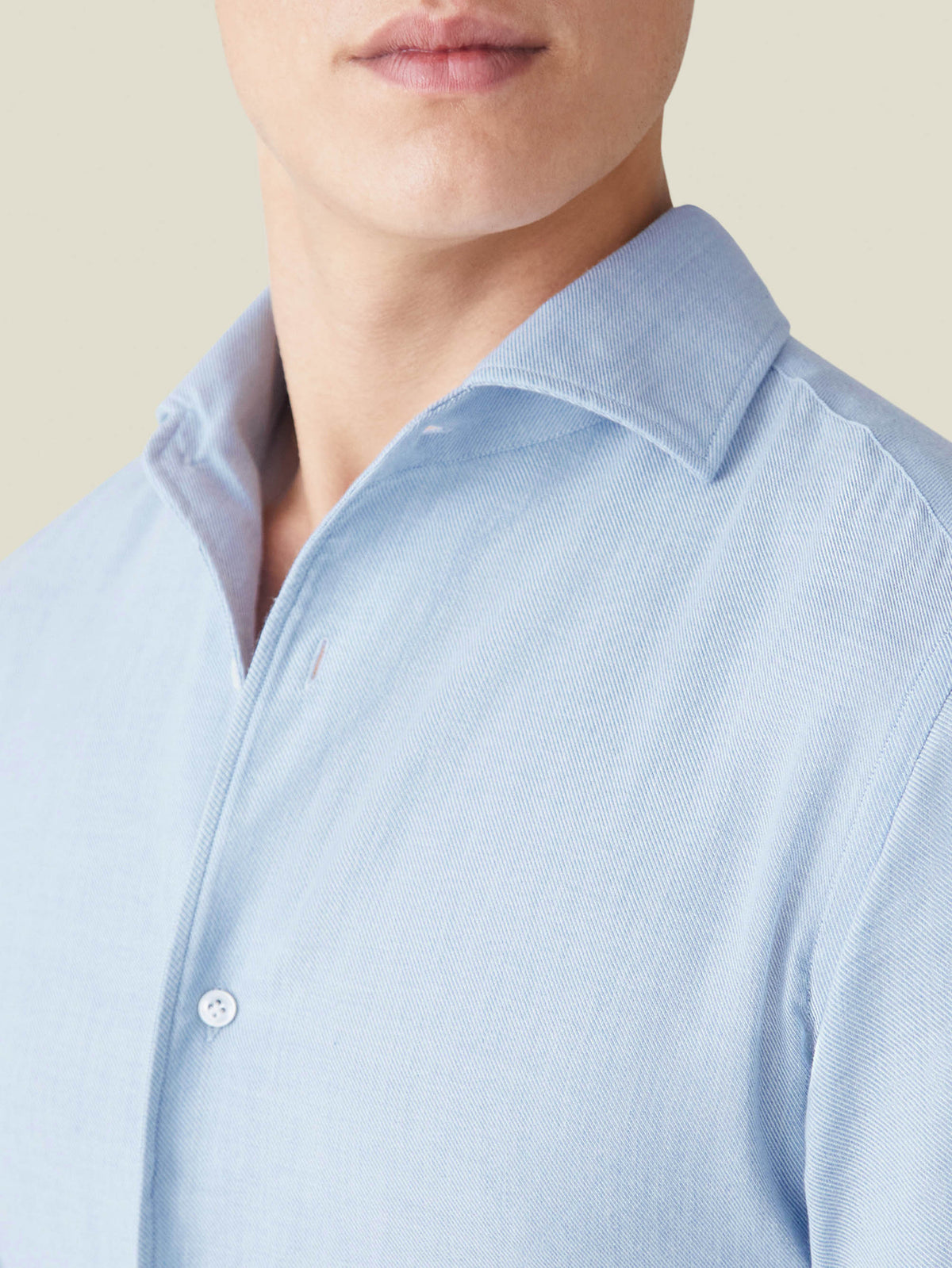 Close-up of the collar on the Luca Faloni light blue Cashmere-Cotton Shirt.