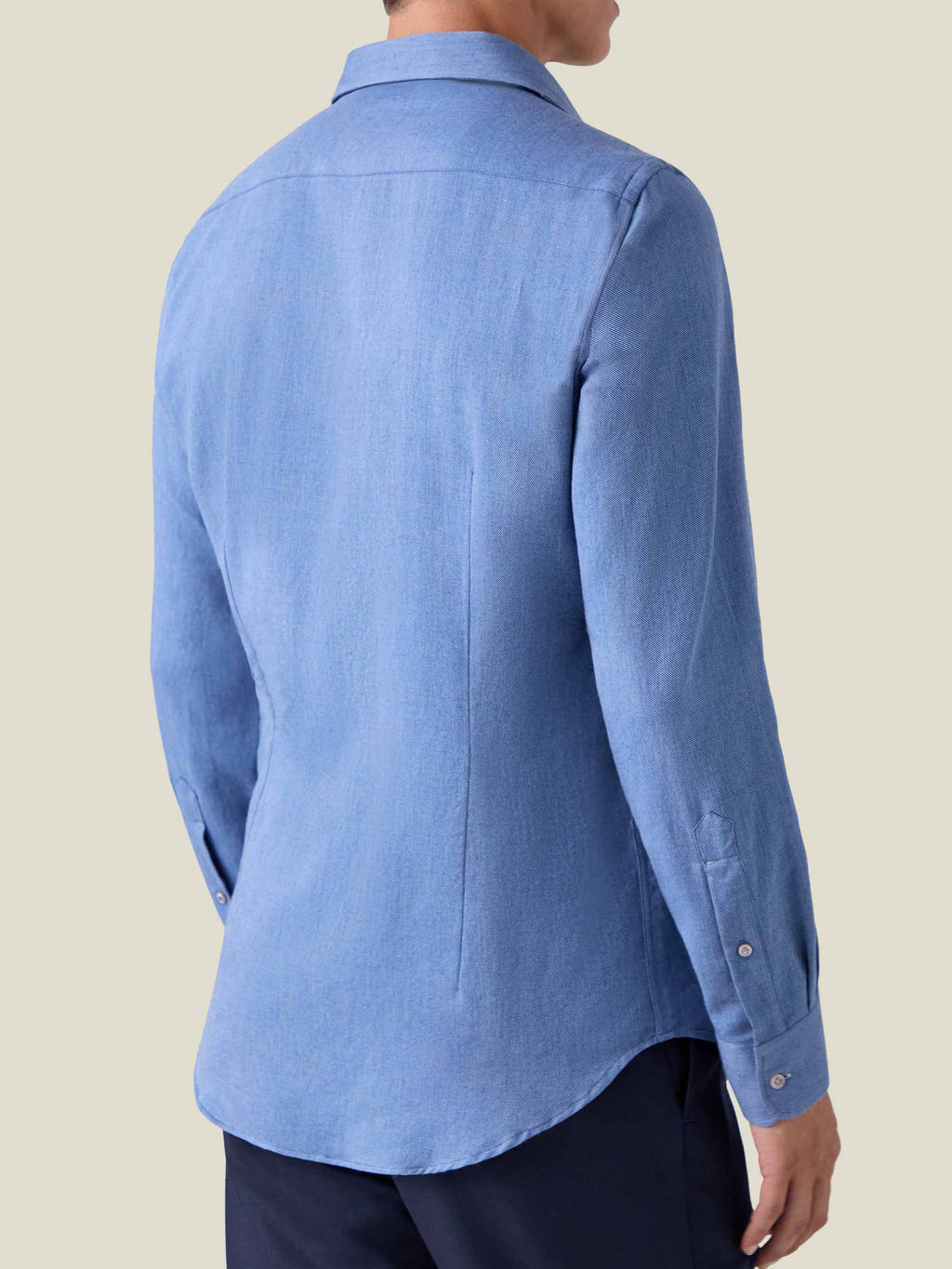 Back view of a model wearing the Luca Faloni Cashmere-Cotton Shirt in Steel Blue.