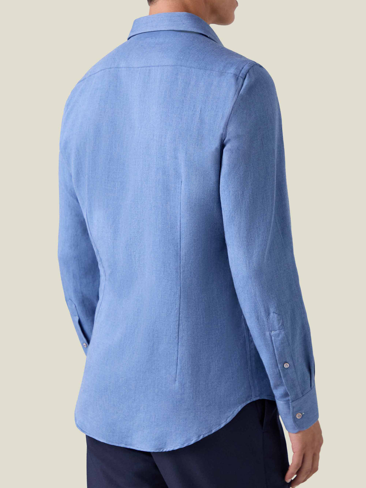 Back view of a model wearing the Luca Faloni Cashmere-Cotton Shirt in Steel Blue.