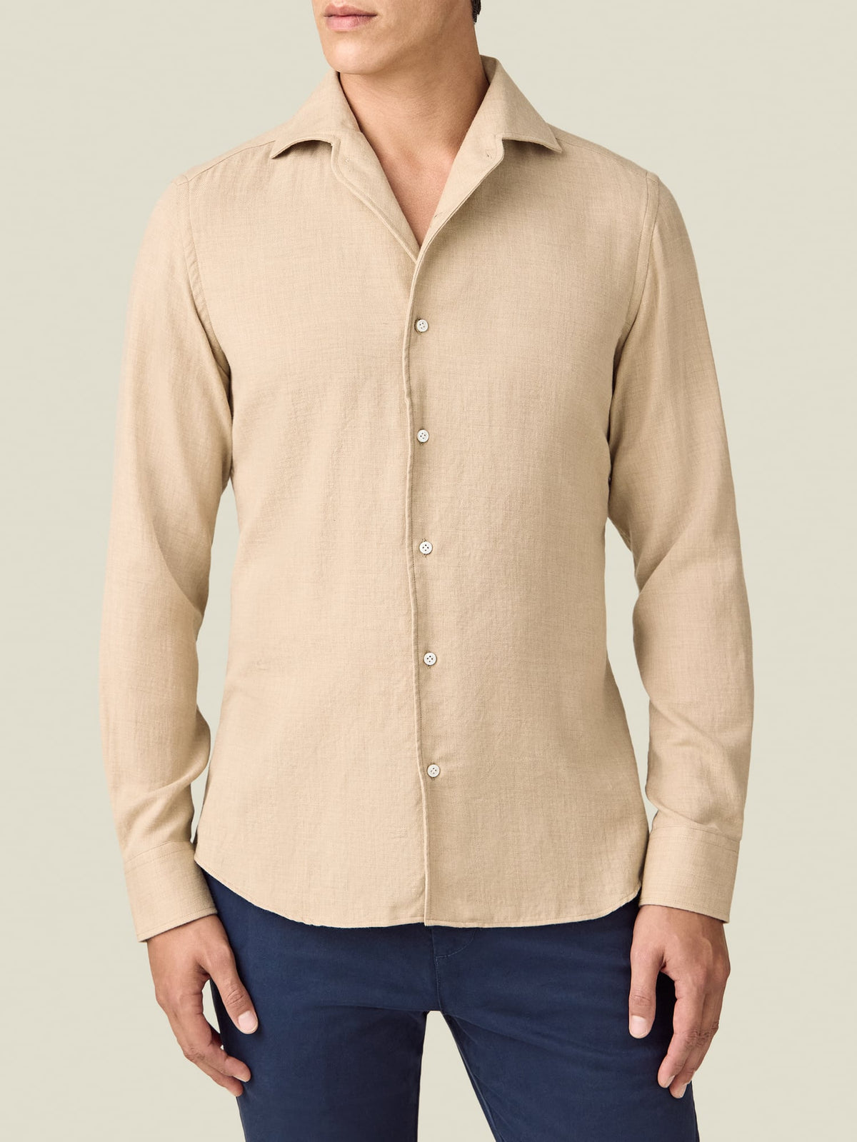 Front view of a model wearing the Luca Faloni Cashmere-Cotton Shirt in sand.