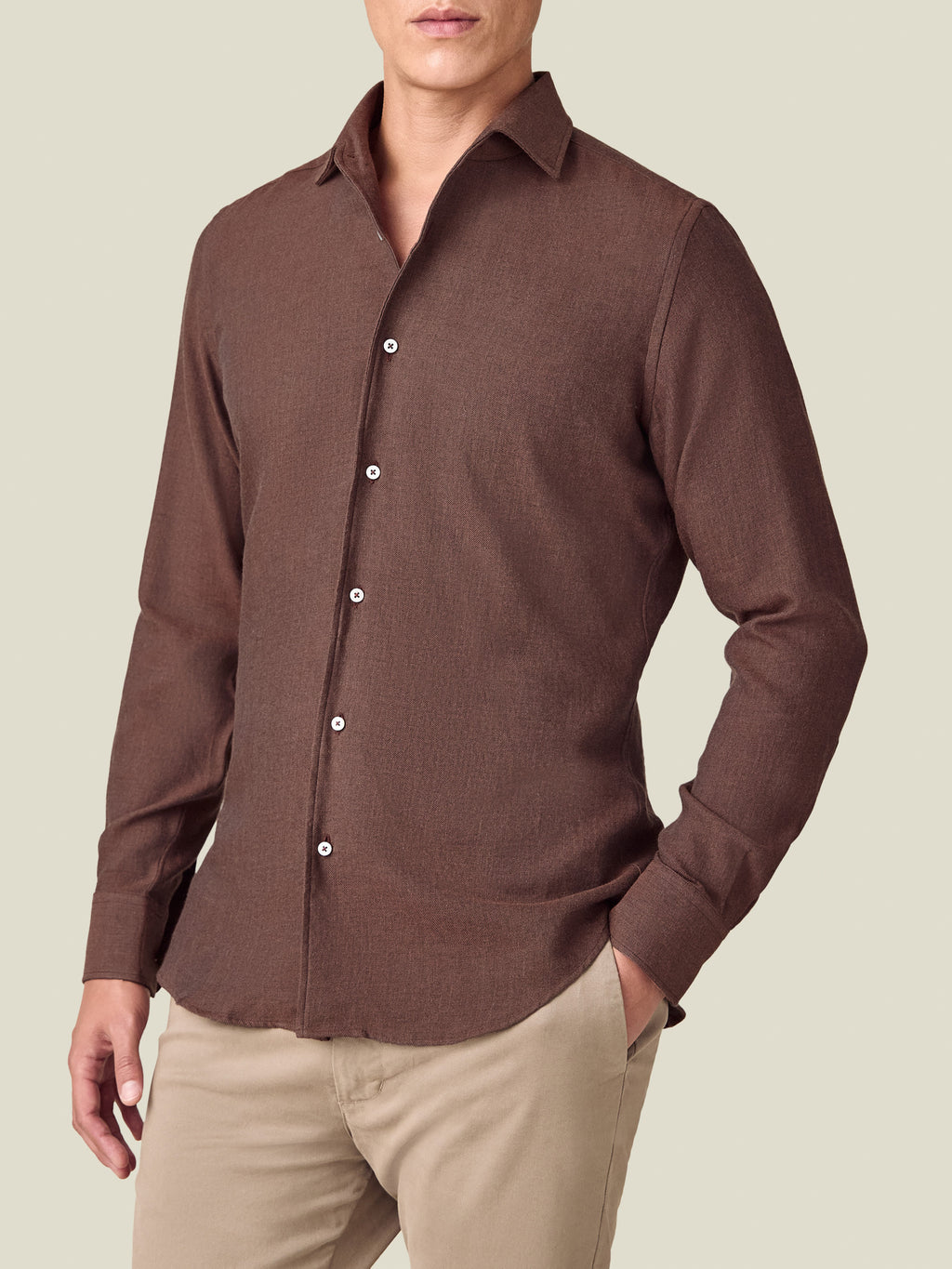 Front view of a model wearing the Luca Faloni Cashmere-Cotton Shirt in rust against a plain background.