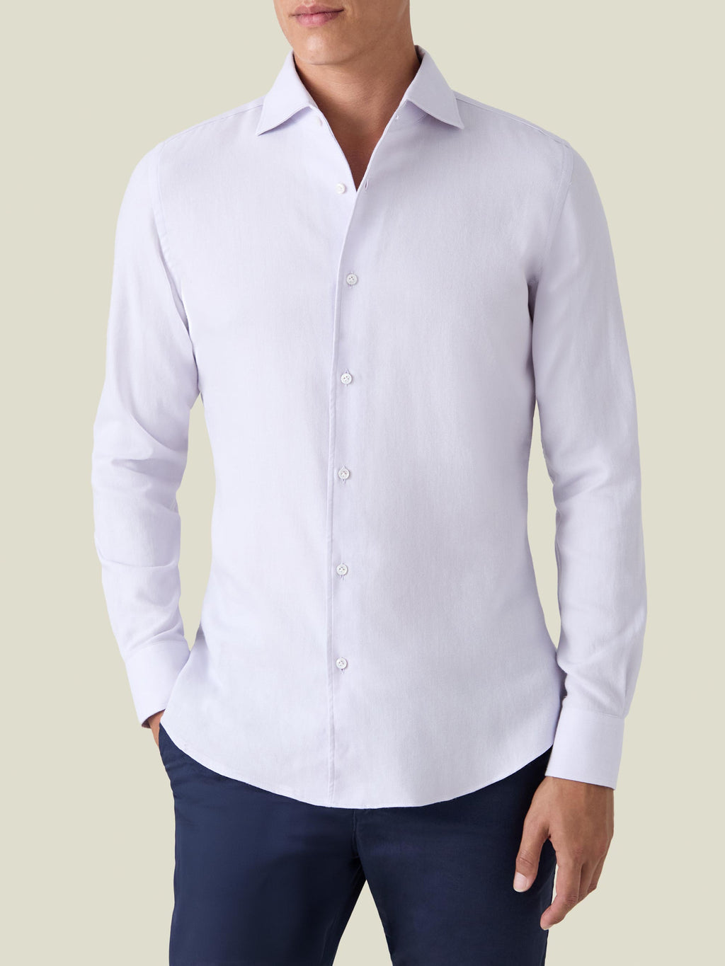 Front view of a model wearing the Luca Faloni Cashmere-Cotton Shirt in Lilac with dark trousers.
