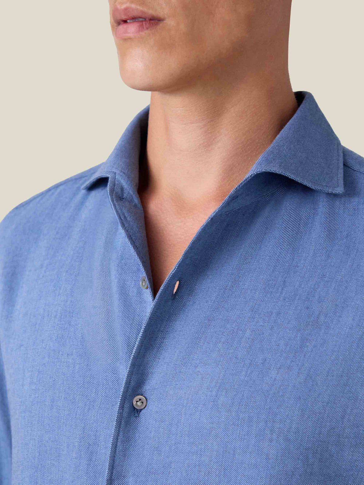 A close-up detail shot of the one-piece collar and textured mélange fabric on the Steel Blue Cashmere-Cotton Shirt.