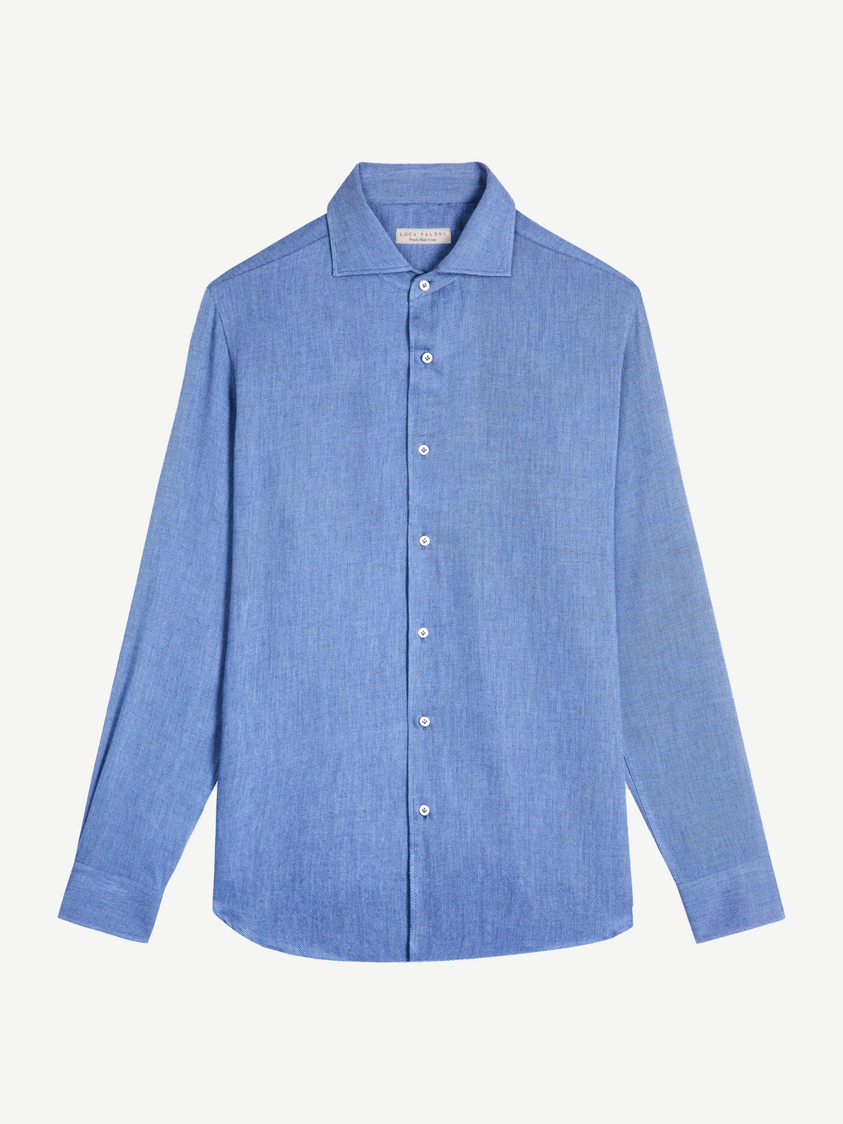 Front view of the blue Cashmere-Cotton Shirt laid flat on a white background.